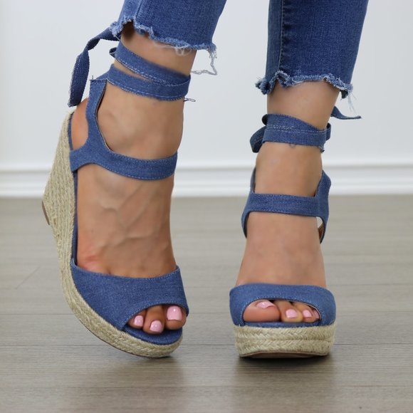 Denim Glamorous Ankle Tie Espadrille Wedge - Picture 7 of 7
